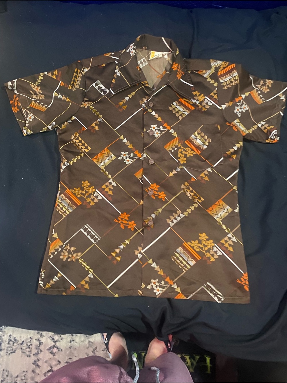 Paul Howard Brown Short-Sleeve Geometric Floral Print Shirt 70’s
